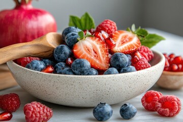 Aufkleber - A vibrant fruit salad in a speckled bowl featuring strawberries blueberries and raspberries. Garnished with pomegranate seeds and fresh green basil with a wooden spoon alongside. Light and bright