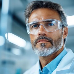 Poster - Close-up portrait of a middle-aged man with a gray beard wearing safety glasses and a white lab coat inside a laboratory. Soft lighting highlights facial details