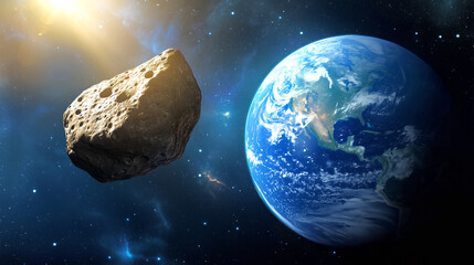 Wall Mural - A large asteroid floats in space near Earth, with sunlight illuminating the scene. Earth's surface displays continents and clouds, highlighting the beauty and scale of the universe around them