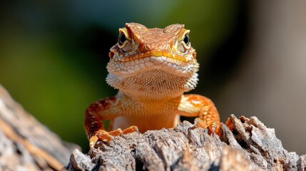 Poster - Close up of a small reptile on a weathered wooden surface with green blurred background and direct natural lighting