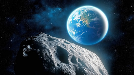 Wall Mural - A detailed vista shows Earth suspended in the void of space, viewed from the surface of a rocky asteroid. The scene captures the vastness of the universe with a celestial backdrop