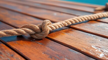 Aufkleber - Close up view of a textured knotted rope lying on a wooden plank surface with reflections