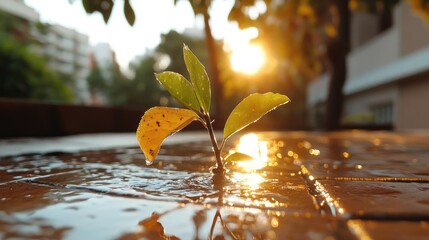 Poster - Close-up shot of small plant emerging from wet wooden surface illuminated by warm sunlight creating a serene and hopeful atmosphere