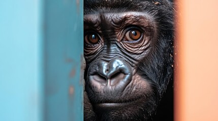 Poster - Close up portrait of a generic animal with brown eyes peering through a gap framed by blue and orange structures soft focus background