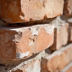 Poster - Close up of weathered brick wall in sunlight texture showing red brown bricks with mortar and rough surface