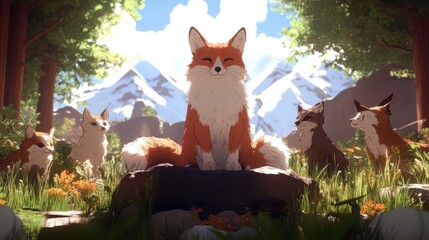 Poster - Pixelated Fox Family in a Forest Setting with Mountain Background and Sunlight. Orange and Brown Foxes on Rock with green environment