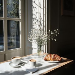 Aufkleber - Sunlit cafe interior with coffee croissants and flowers on table near window creating peaceful setting