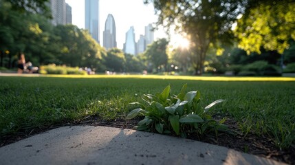 Poster - Green grass with wildflowers in the foreground with a sunny background of a park, buildings and trees