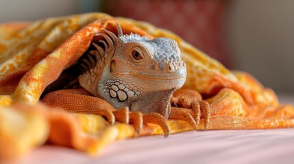Aufkleber - Close-up shot of a colorful reptile partially covered by a soft orange blanket displaying textures and patterns with a blurred background