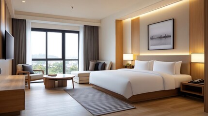Poster - Elegant interior featuring a large bed wooden furniture large window and scenic view. Neutral colors create a calming atmosphere