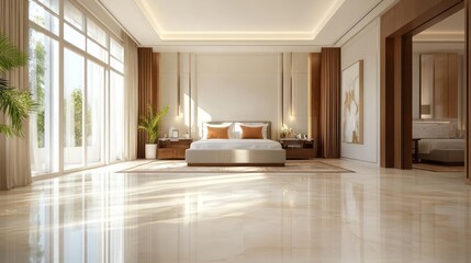 Poster - Luxurious bedroom interior with large windows natural light and neutral tones. Features a king-size bed nightstands and elegant curtains