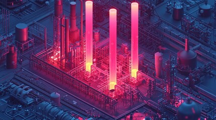 Poster - A futuristic industrial factory design with glowing red light pillars
