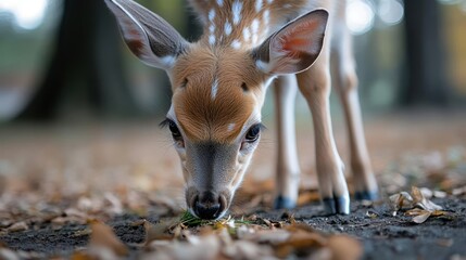 Aufkleber - Close up view of spotted fawn eating from ground in forest setting with blurred background and autumnal leaves focus on animal