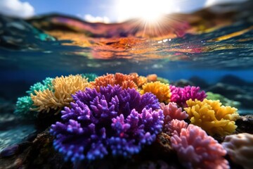 Poster - Underwater scene of vibrant coral reefs illuminated by sunlight creating a colorful aquatic environment. Various coral species including yellow orange pink and purple are displayed