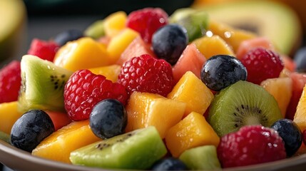 Poster - A close up shot of fresh cut fruits like mango raspberries kiwi and blueberries served in a bowl, vibrant colors