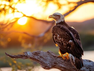 Aufkleber - Generic bird perched on a branch with golden sunlight in background, its feathers and the branch textures are detailed