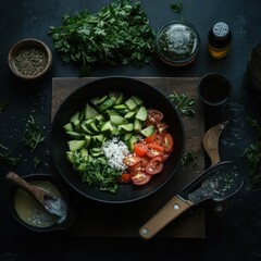Poster - Overhead shot of a vibrant salad bowl with various fresh ingredients herbs and condiments arranged on a dark wooden surface creating a healthy and appetizing visual