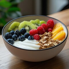 Poster - Close up of a healthy breakfast bowl with yogurt granola blueberries raspberries kiwi and peach slices. Fresh colorful fruit arranged in a white bowl on a wood table