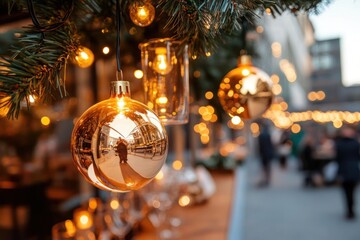 Aufkleber - Close up of golden Christmas ornaments and string lights with blurred background of people and buildings. Festive holiday decorations