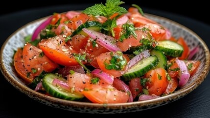 Poster - Fresh tomato and cucumber salad in a bowl with red onions and mint herbs on a dark background. Healthy and delicious vegetarian meal
