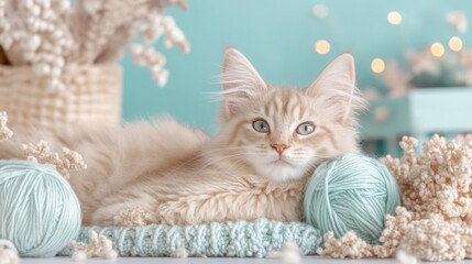 Poster - Fluffy beige cat with blue eyes lying on a knitted blue blanket surrounded by dried flowers and yarn against a light blue backdrop