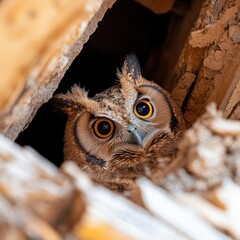 Aufkleber - Curious bird peeking out of a wooden structure. Close-up of the bird's face with bright orange eyes, surrounded by textured wood and a dark background