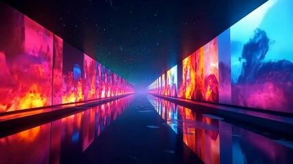 Aufkleber - Immersive digital art corridor with vibrant colors reflected in a shallow pool of water
