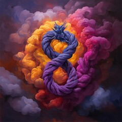 Poster - An abstract image of a stylized infinity symbol formed from twisted purple rope centered against a swirling background of vibrant orange yellow and pink clouds. The image evokes a sense of dreamlike