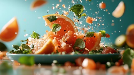 Poster - Citrus fruit slices and herbs are dynamically arranged on a plate with a turquoise background. The vibrant orange hues of the fruit contrast with the greens and white particles, suggesting freshness