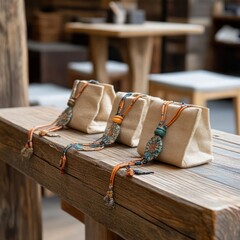 Aufkleber - Three woven bags with intricate tassel accents on a rustic wooden surface bathed in soft daylight