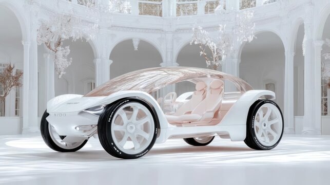 Futuristic car model rendered in a white environment with light pink interior and reflective surfaces. The setting features ornate architectural details and stylized foliage