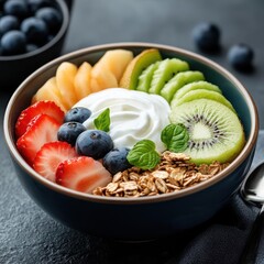 Poster - A vibrant and colorful bowl of granola with yogurt strawberries blueberries kiwi cantaloupe and mint leaves in close up shot on a dark background