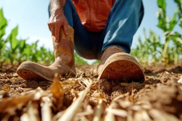 Poster - Close up shot of a person in footwear standing in a muddy field with growing crops under a clear sky, with shallow depth of field