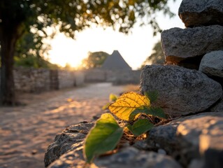 Poster - Golden hour sunlight bathes stone walls and a structure in a landscape with a pathway leading to a distant structure. Close up vibrant green leaves