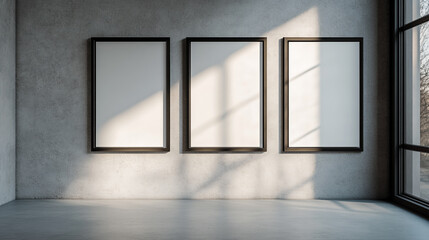 Poster - Three blank framed posters hanging on a gray wall with sunlight coming through a window in a room