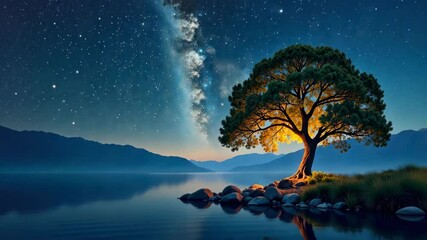 Poster - Luminous Tree by the Lake A Nighttime Symphony of Stars and Serenity