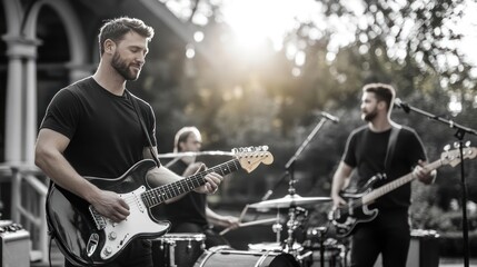 Poster - Band performing live music outdoors with guitarist in focus playing electric guitar with band members blurred background and sunlight
