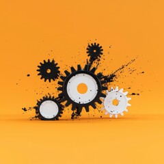 Poster - Black and white gears exploding against an orange background. The gears are in sharp focus while the background is blurred slightly. The image has a 3D, digital feel.