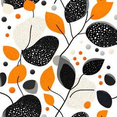 Poster - abstract autumnal design featuring black, orange, and gray leaves and dots on a white background. th