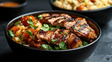 Poster - Grilled meat slices over fresh vegetable salad in a black bowl on dark surface. Fresh parsley on the top. Other bowls in the blurry background