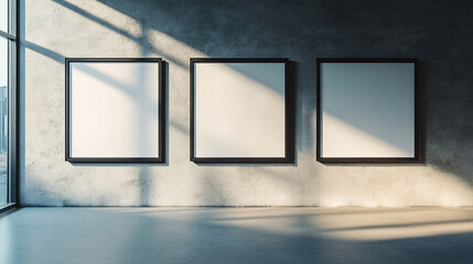 Poster - Three square black framed blank canvases hanging on a textured wall with sunlight and shadows