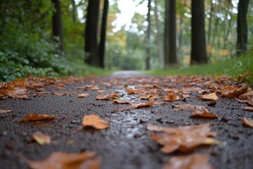 Poster - A pathway through autumn forest with fallen leaves and tall trees with selective focus and bokeh effect