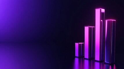 Glowing violet neon bar graph with reflective surface on dark background