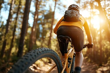 Poster - Cyclist on bicycle riding away on forest trail with sunlight. Wearing yellow shirt and helmet. Blurred green background and road