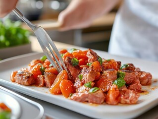Poster - Prepared Meal Of Grilled Meat And Tomatoes Garnished With Fresh Basil Leaves Served On A White Rectangular Plate