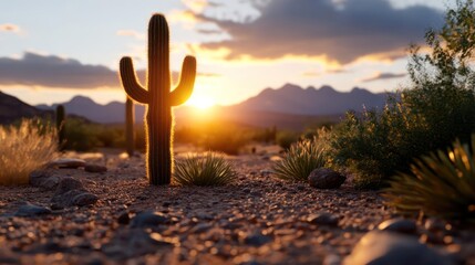 Poster - Saguaro Cactus At Sunset In Desert Landscape With Sunlit Hills And Warm Atmosphere