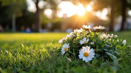 Poster - Close-Up Of White Daisy Flowers With Yellow Centers In A Grassy Field Illuminated By Sunset Light