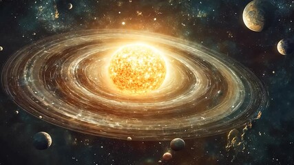 Wall Mural - bright star system with planets and rings in deep space