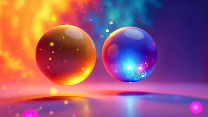Poster - Two Glowing Orbs Hovering Over Reflective Surface with Colorful Particles