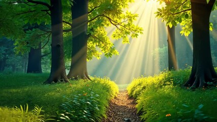 Poster - Enchanted Forest Path A Journey Through Sunlit Woods and Verdant Greenery